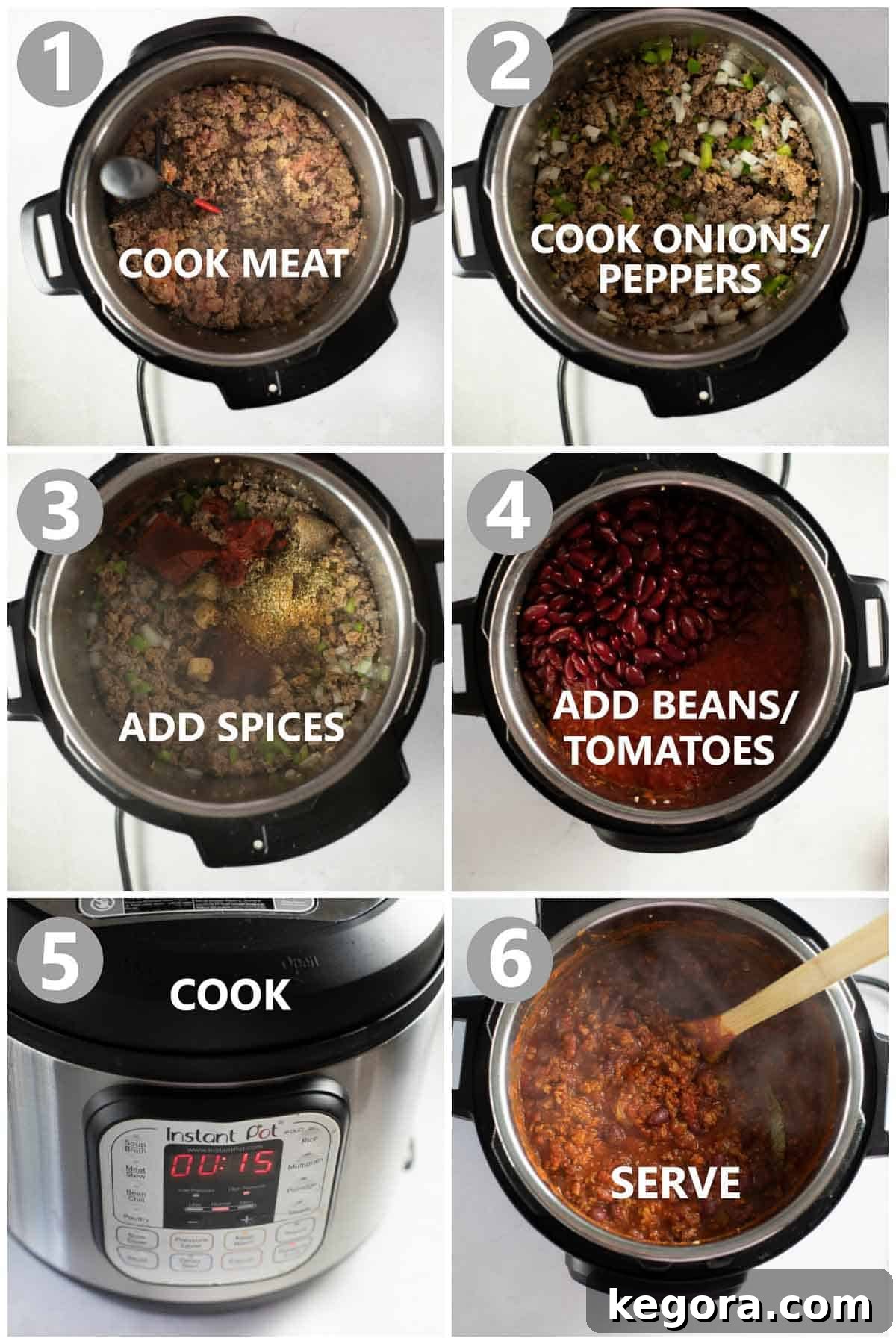 Hearty Gluten-Free Chili 4 A step-by-step visual guide showcasing the process of making gluten-free chili, from browning the meat and sautéing vegetables to adding spices and simmering the ingredients, culminating in a rich, ready-to-serve dish.