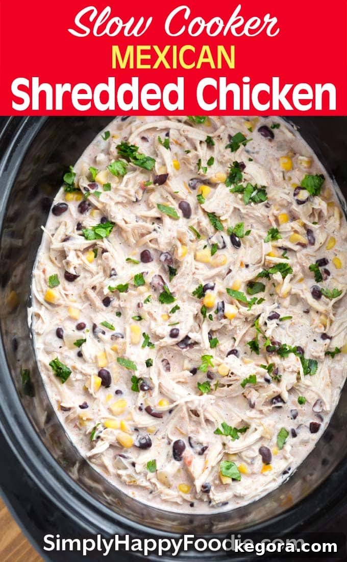Slow Cooker Mexican Shredded Chicken with recipe title and blog logo, optimized for Pinterest