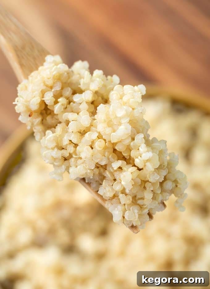 Close up of wooden fork with Instant Pot Quinoa, demonstrating perfect texture