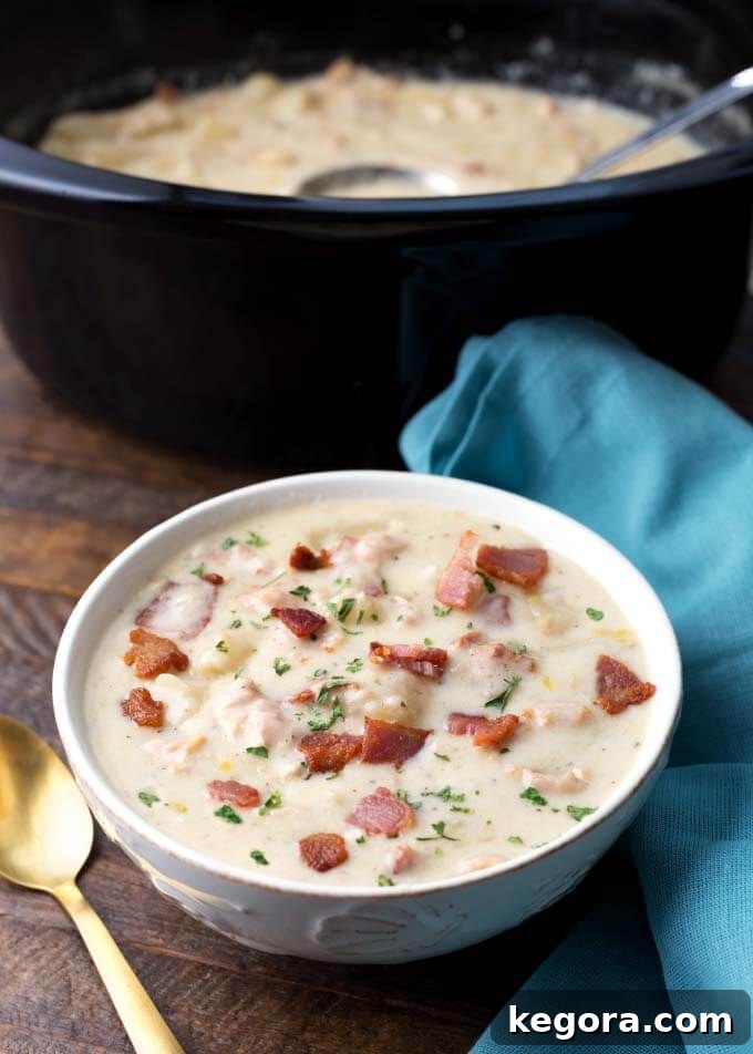 A serving of Slow Cooker Clam Chowder in a pristine white bowl, positioned in front of a slow cooker, highlighting the convenience of the cooking method.