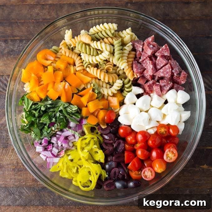 Vibrant Italian Pasta Salad 3 Ingredients for Italian Pasta Salad in a glass bowl, pre-mixed