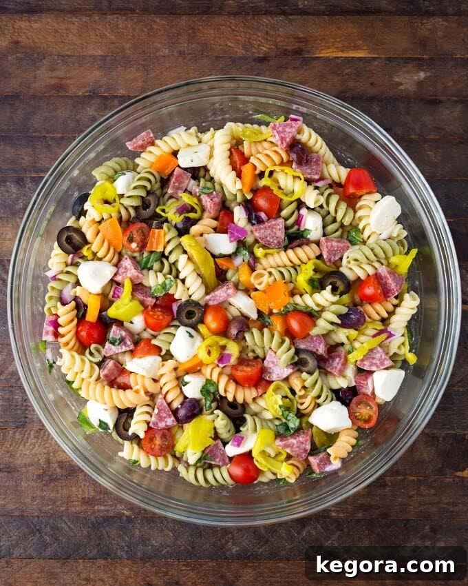 Vibrant Italian Pasta Salad 4 Top view of Italian Pasta Salad in a glass bowl, ready to serve