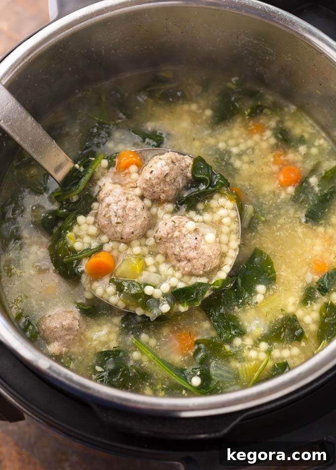 Effortless Instant Pot Italian Wedding Soup 3 Italian Wedding Soup cooking in an Instant Pot, with a serving ladle ready to scoop. Highlighting the ease of pressure cooking.
