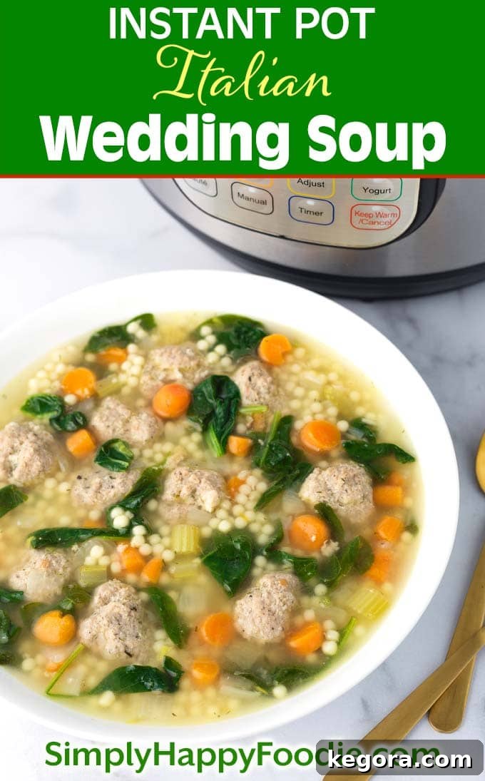 Effortless Instant Pot Italian Wedding Soup 6 A beautiful Pinterest-ready image for Instant Pot Italian Wedding Soup, showing the soup in a white bowl in front of an Instant Pot, with the recipe title and website logo.