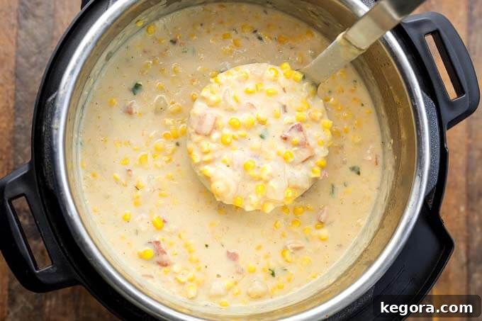 Golden Instant Pot Corn Chowder 3 A top-down view of creamy corn chowder simmering in an Instant Pot, with a ladle ready to serve.