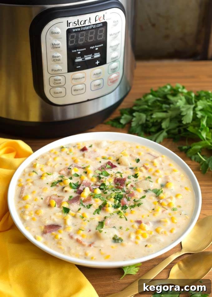 Golden Instant Pot Corn Chowder 4 A bowl of creamy Instant Pot Corn Chowder positioned in front of the Instant Pot itself, ready to be served.