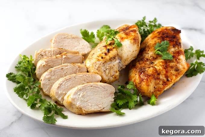 Juicy Air Fryer Chicken Breasts 3 Sliced Air Fryer Chicken Breasts on white plate garnished with fresh parsley