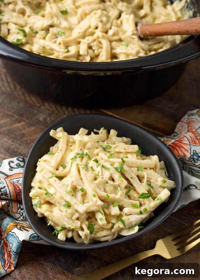 Close-up shot of creamy Slow Cooker Chicken and Noodles served in a black bowl, with the slow cooker visible in the background.