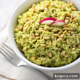 Close-up of creamy Avocado Curry Orzo Salad