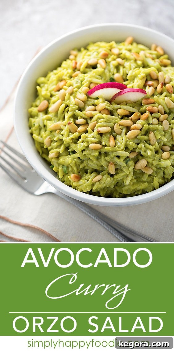 Golden Avocado Curry Orzo Salad 4 Avocado Curry Orzo Salad, healthy and fresh, with creamy avocado and Greek yogurt instead of mayo, featuring a spicy curry note. Perfect for a side or vegetarian main dish from simplyhappyfoodie.com.