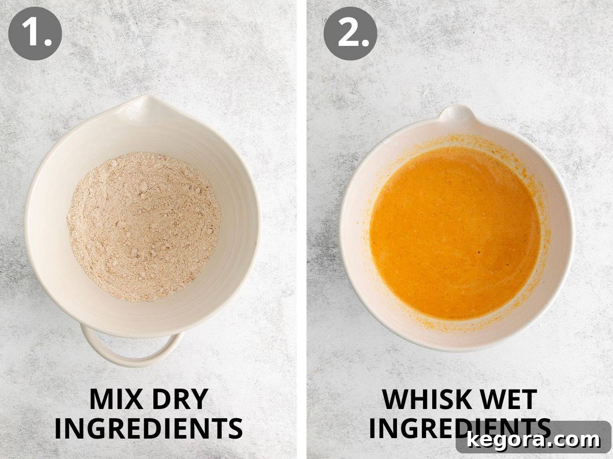 Spiced Oat Flour Pumpkin Pancakes 6 Left image shows dry ingredients being whisked in a large bowl. Right image shows wet ingredients being whisked in a separate bowl.