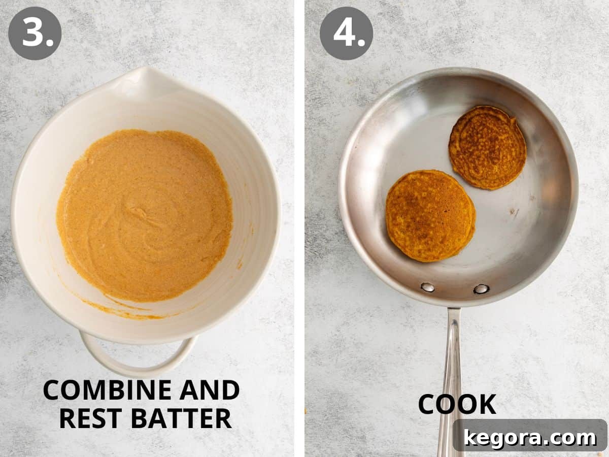 Spiced Oat Flour Pumpkin Pancakes 7 Left image shows wet ingredients being folded into dry ingredients. Right image shows pancakes cooking on a griddle.