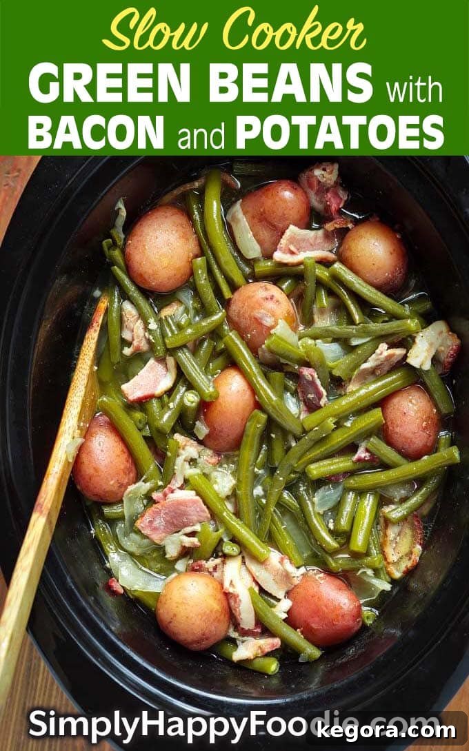 Slow Cooker Green Beans with Bacon and Potatoes with title and simply happy foodie.com logo