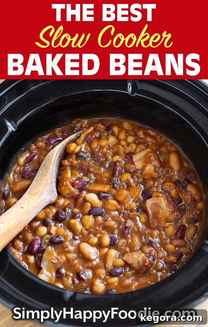 The Ultimate Slow Cooker Baked Beans recipe card graphic for Pinterest