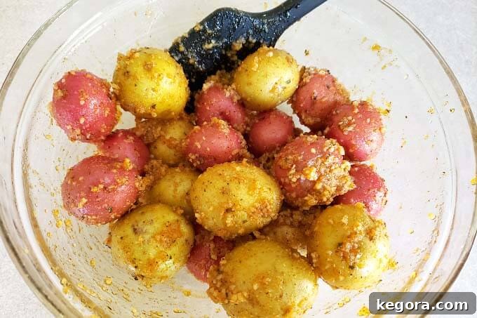Adding seasoned baby potatoes to a mixing bowl, ready to be coated with the garlic parmesan mixture.