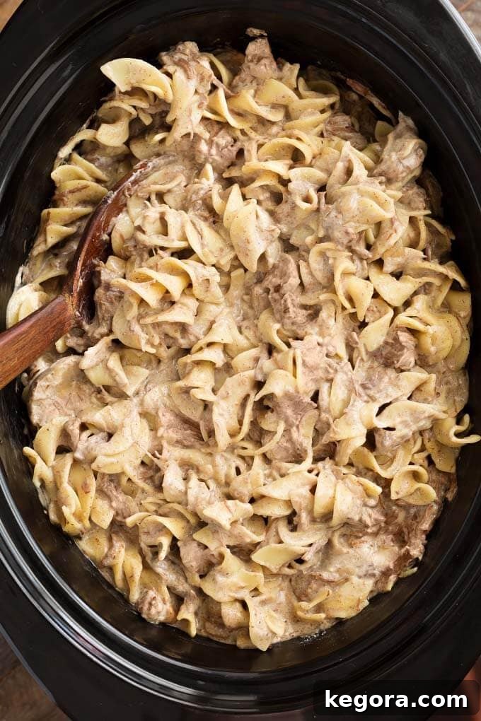 Creamy Slow Cooker Beef Stroganoff 3 Close-up of Slow Cooker Beef Stroganoff being served with a wooden spoon, showcasing its rich, creamy texture and tender beef.