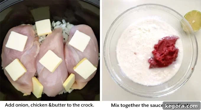Two images showing the initial steps of preparing slow cooker butter chicken: placing diced chicken in the crock pot, and mixing sauce ingredients in a bowl.