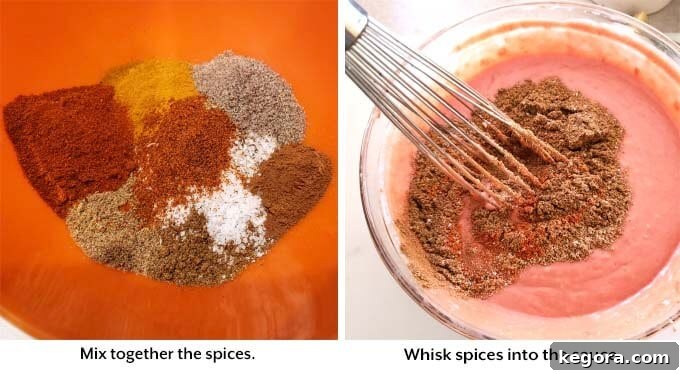 Two images showing the preparation of butter chicken sauce: whisking dry spices together in a small bowl, and then combining them with the wet sauce ingredients.