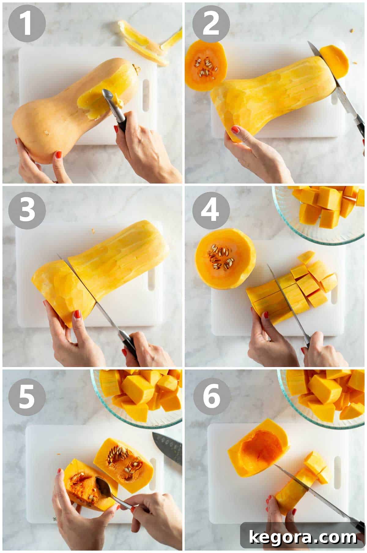 step-by-step instructions of how to peel, cut, and deseed butternut squash for soup preparation