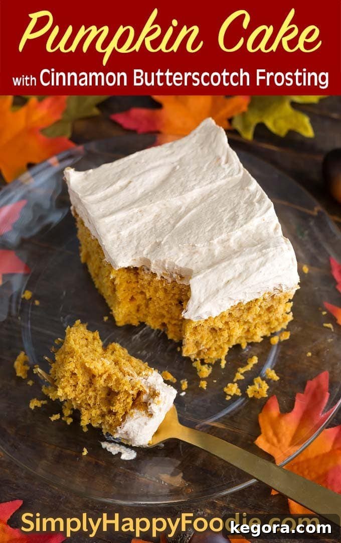 Spiced Pumpkin Cake with Cinnamon Butterscotch Frosting 7 Piece of Pumpkin Cake with Cinnamon Butterscotch Frosting on glass plate with fork