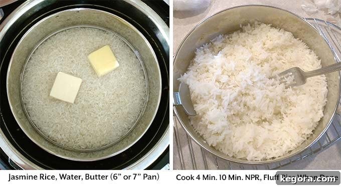 Quick and Delicious Instant Pot Cashew Chicken 5 Two images demonstrating the Pot-in-Pot method for cooking rice simultaneously with Cashew Chicken in an Instant Pot