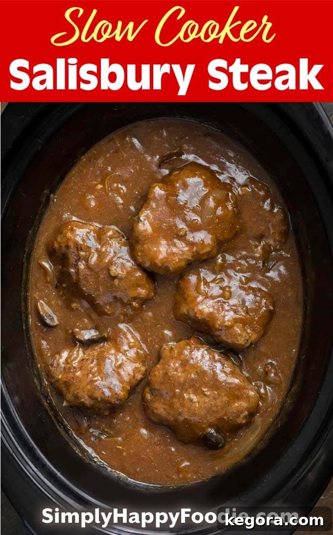 Slow Cooker Salisbury Steak with a close-up image and Simply Happy Foodie.com logo, perfect for Pinterest