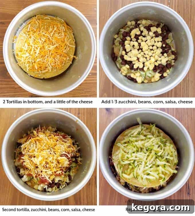 Four sequential images demonstrating the layering of ingredients: tortillas, cheese, zucchini, black beans, corn, and salsa into a pressure cooker pot for Veggie Tortilla Pie