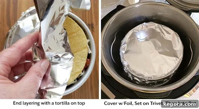 Two images showing the process: covering the pan with aluminum foil and carefully placing the pan on a trivet inside the Instant Pot for cooking Veggie Tortilla Pie