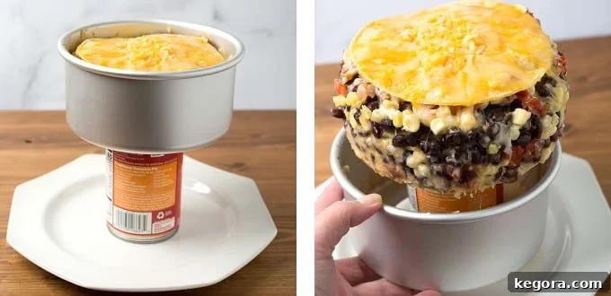 Two images illustrating how to release the pressure cooker Tortilla Pie from a push pan: placing the pan on a soup can on a white plate, then gently pushing down to remove the pie