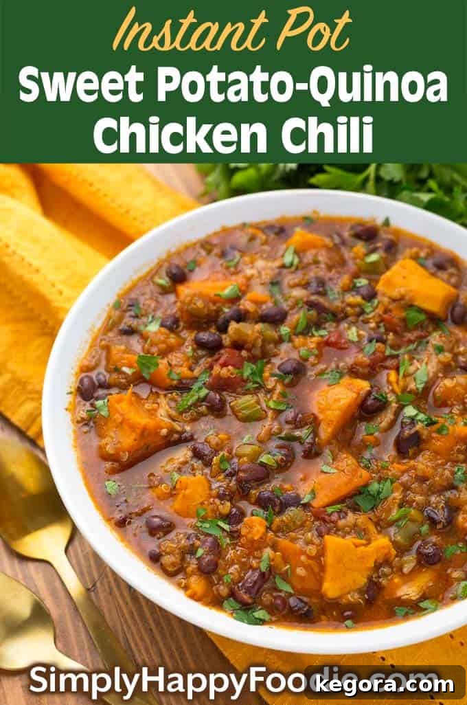Instant Pot Sweet Potato Quinoa Chicken Chili in white bowl with title and Simply Happy Foodie.com logo for Pinterest sharing.