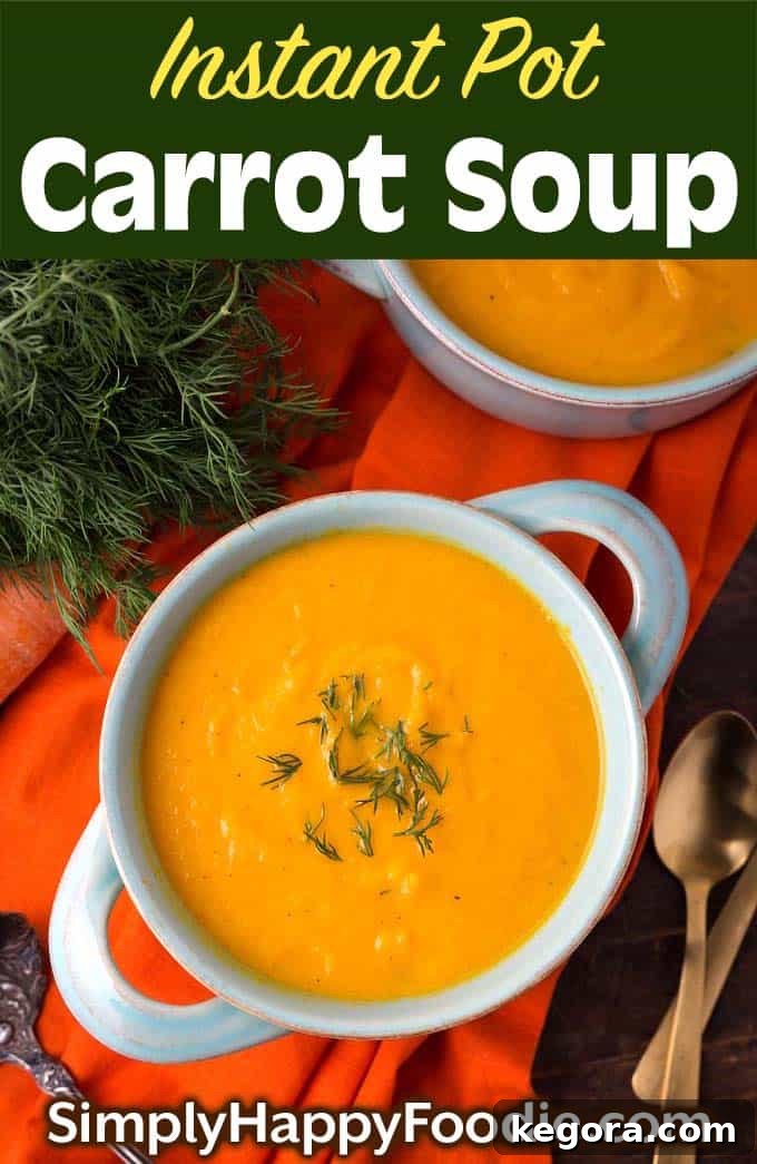 Velvety Instant Pot Carrot Puree 7 Instant Pot Carrot Soup with title and Simply Happy Foodie.com logo
