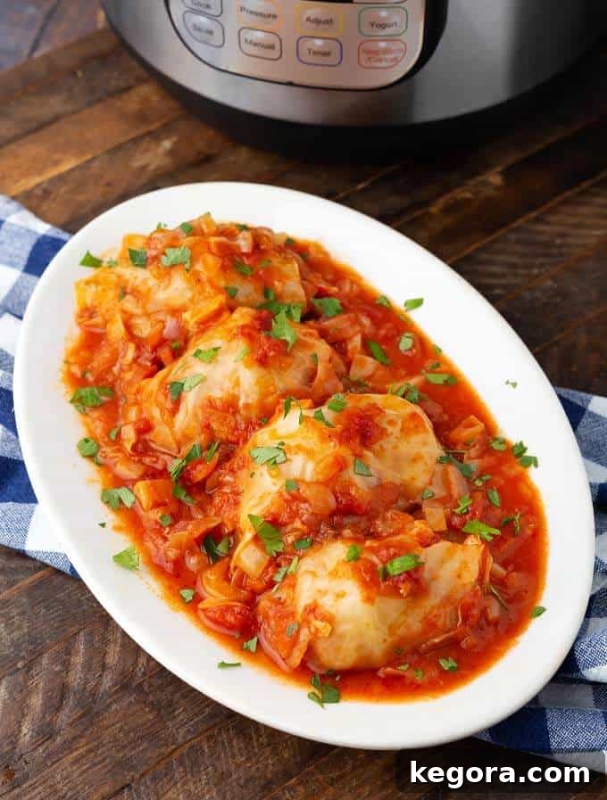 Hearty Instant Pot Stuffed Cabbage Rolls served on a white oval plate, with the pressure cooker in the background, signaling a delicious and easy homemade meal.