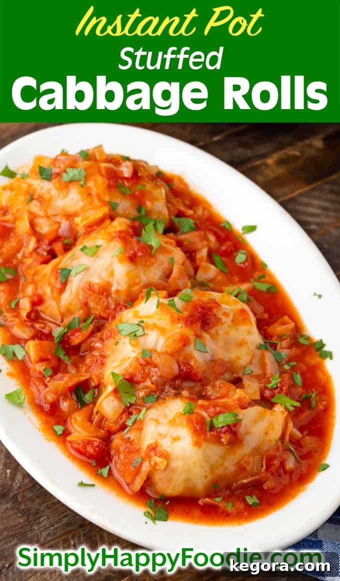 Comforting Instant Pot Cabbage Bundles 11 Pinterest-optimized image showcasing Instant Pot Stuffed Cabbage Rolls on a white plate, along with the recipe title and Simply Happy Foodie.com logo.