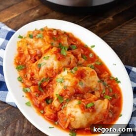 Comforting Instant Pot Cabbage Bundles 12 Pressure Cooker Stuffed Cabbage Rolls on white oval plate in front of pressure cooker
