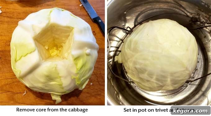 Comforting Instant Pot Cabbage Bundles 3 Step-by-step images showing how to core a head of cabbage and place it on a trivet in an Instant Pot for steaming to soften the leaves.
