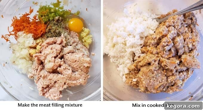 Comforting Instant Pot Cabbage Bundles 4 Detailed process images illustrating the preparation and mixing of the savory meat and rice filling for delicious Instant Pot Stuffed Cabbage Rolls.