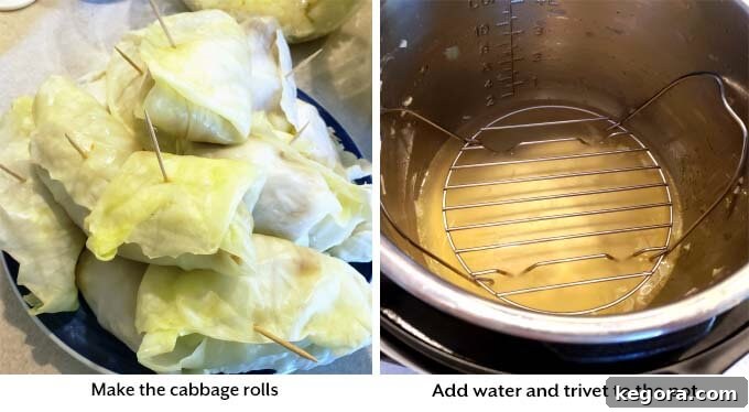 Comforting Instant Pot Cabbage Bundles 5 Clear visual steps demonstrating the technique for folding and securing stuffed cabbage rolls, and adding water to the Instant Pot before cooking.