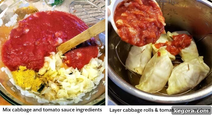 Comforting Instant Pot Cabbage Bundles 7 Visual guide to layering the rich tomato sauce over the neatly arranged Instant Pot Stuffed Cabbage Rolls in the pressure cooker.