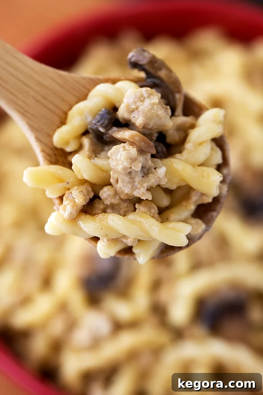 A serving of Instant Pot Cheeseburger Pasta being scooped with a wooden spoon, showcasing the creamy sauce and chunks of ground meat.