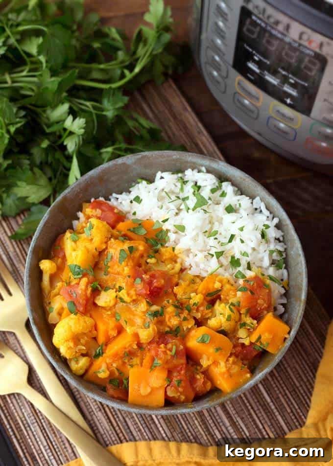 pressure cooker Vegetable Curry with rice in gray bowl next to pressure cooker and two gold forks