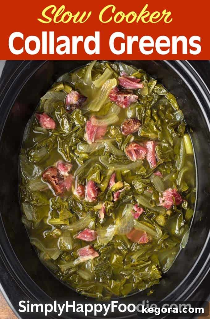 Slow Cooker Collard Greens with title and Simply Happy Foodie.com logo, perfect for pinning