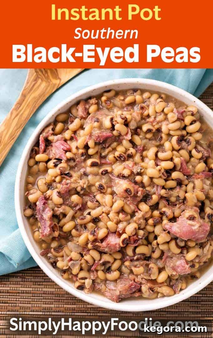 A vibrant Pinterest-friendly image showing Southern Instant Pot Black Eyed Peas in a white bowl, along with the recipe title and Simply Happy Foodie.com logo.
