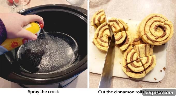Dreamy Slow Cooker Cinnamon Roll Bake 3 two images that show Slow Cooker sprayed with oil and cinnamon rolls cut