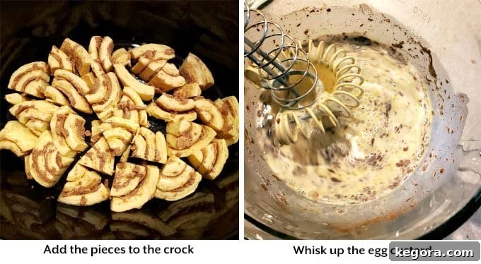 Dreamy Slow Cooker Cinnamon Roll Bake 4 two images showing the addition of cinnamon rolls to crock pot and making custard