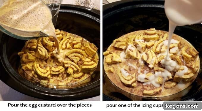 Dreamy Slow Cooker Cinnamon Roll Bake 5 two images showing addition of custard and icing to make crock pot Cinnamon Roll