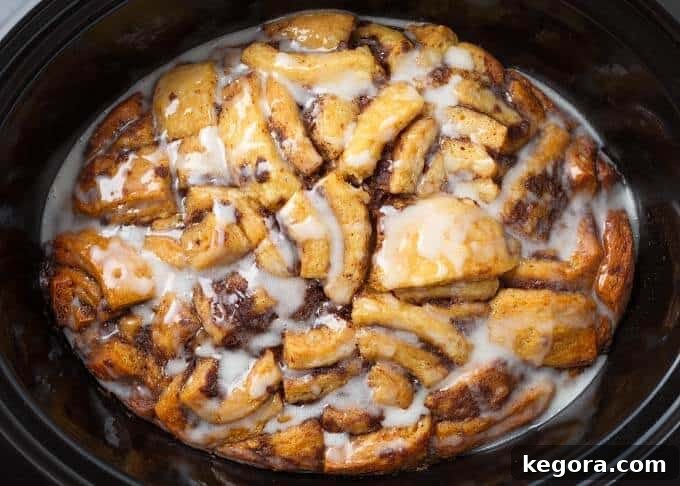 Dreamy Slow Cooker Cinnamon Roll Bake 6 Finished picture of Slow Cooker Cinnamon Roll Casserole