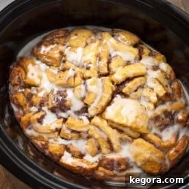 Slow Cooker Cinnamon Roll Casserole in cooker