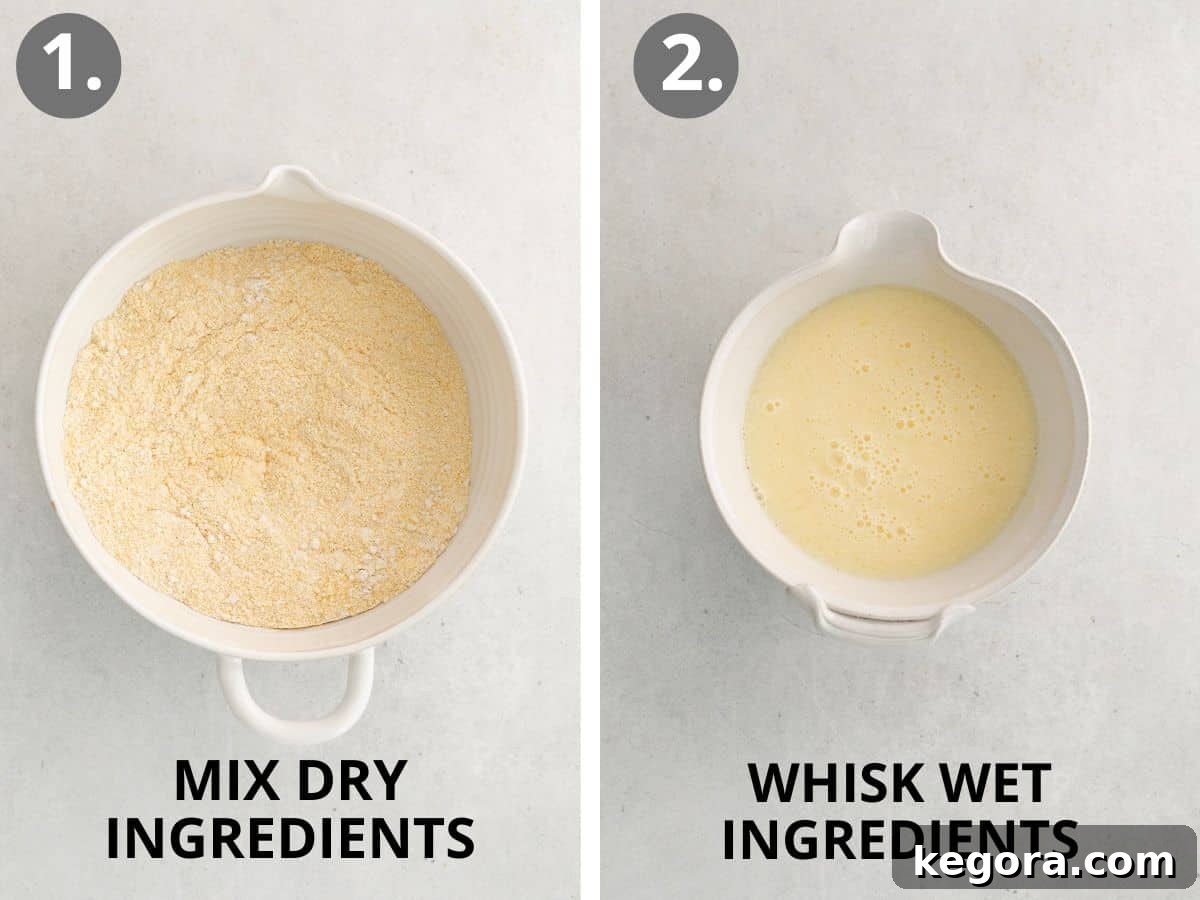 Two step-by-step photos showing dry ingredients mixed in one bowl and wet ingredients whisked in another for corn muffins.