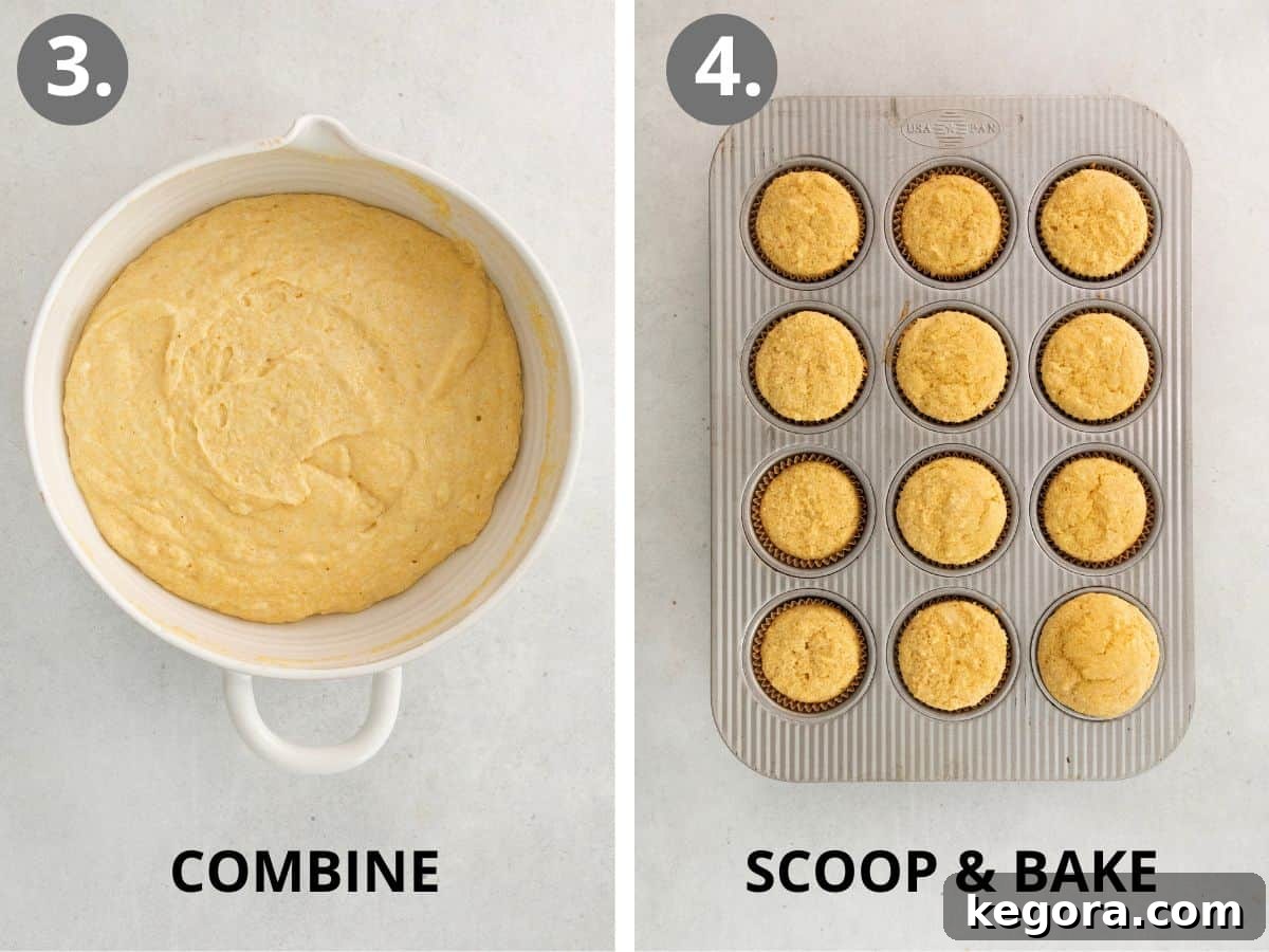 Two step-by-step photos showing combining wet and dry ingredients, then scooping batter into a muffin pan.