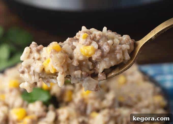 Close-up view of a forkful of Instant Pot Cheesy Hamburger Rice Casserole, showing melted cheese and rice.